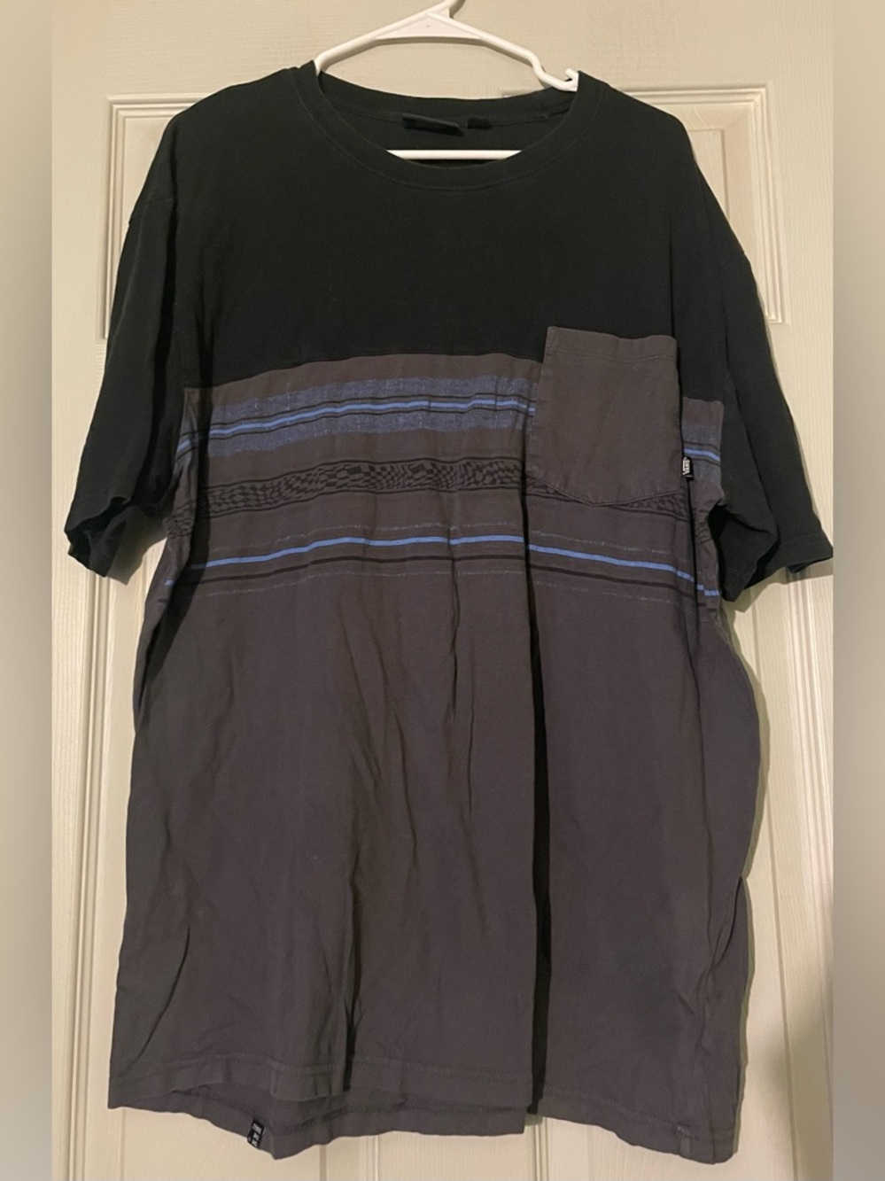 Vans Men's Black and Charcoal Short Sleeve Stripe Pocket Tee